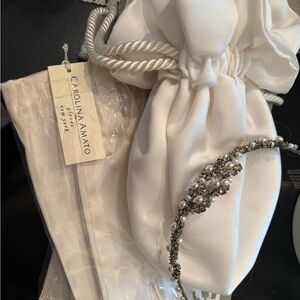 Carolina Amato White Satin Bag with Silver Embellished Headband